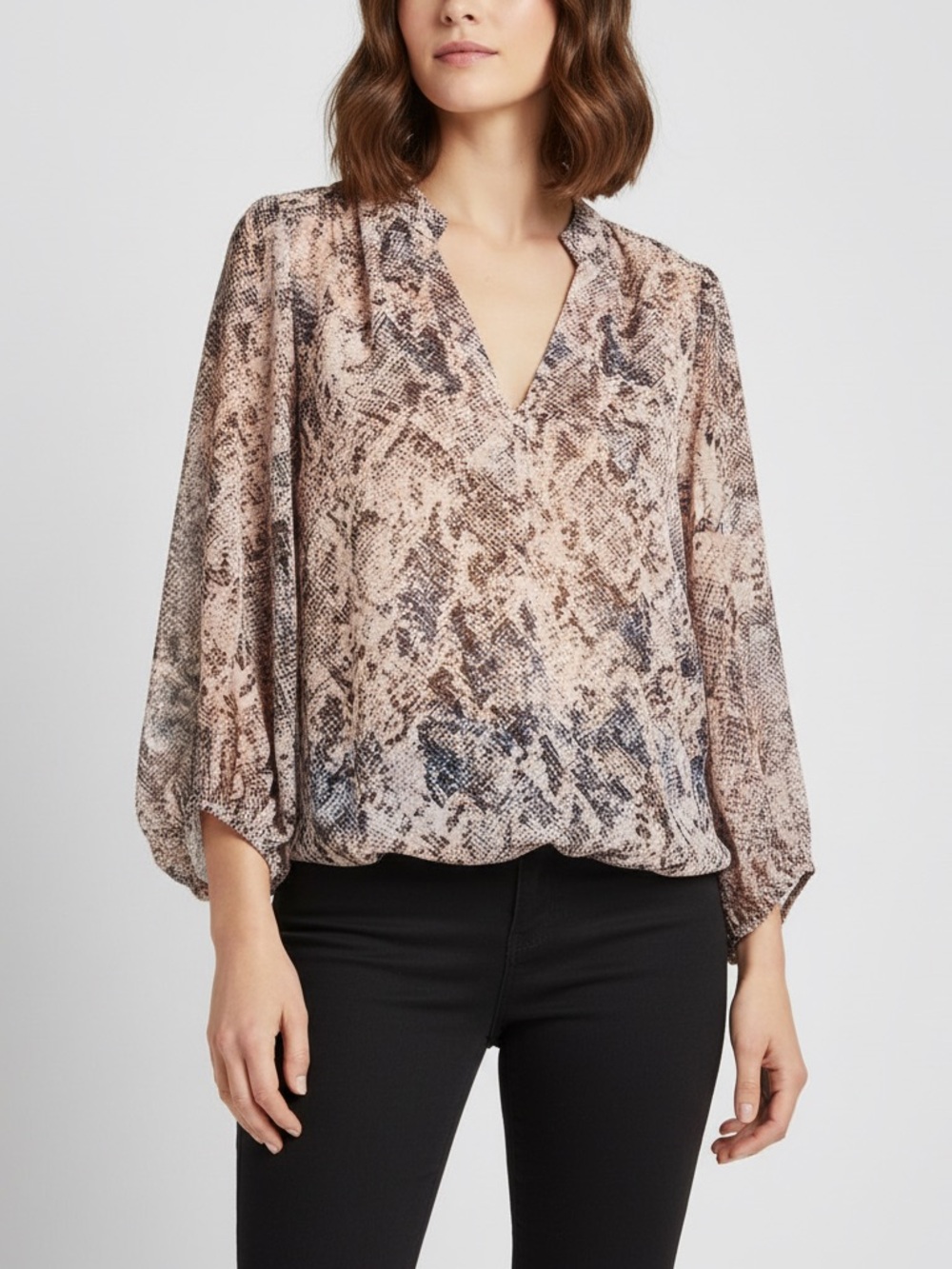 Veronica M. Beige Blue Snake Print V-Neck Long Sleeve Blouse Top L